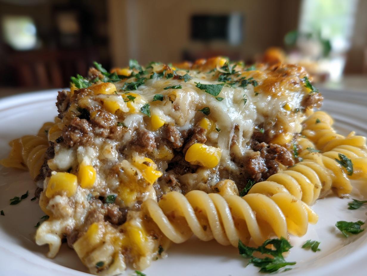 Cheddar Ranch Beef and Sweet Corn Rotini Bake
