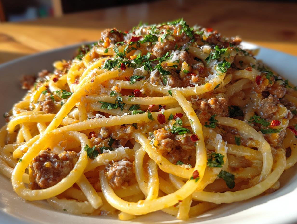 Cheesy Garlic Butter Linguine Pasta with Savory Ground Beef