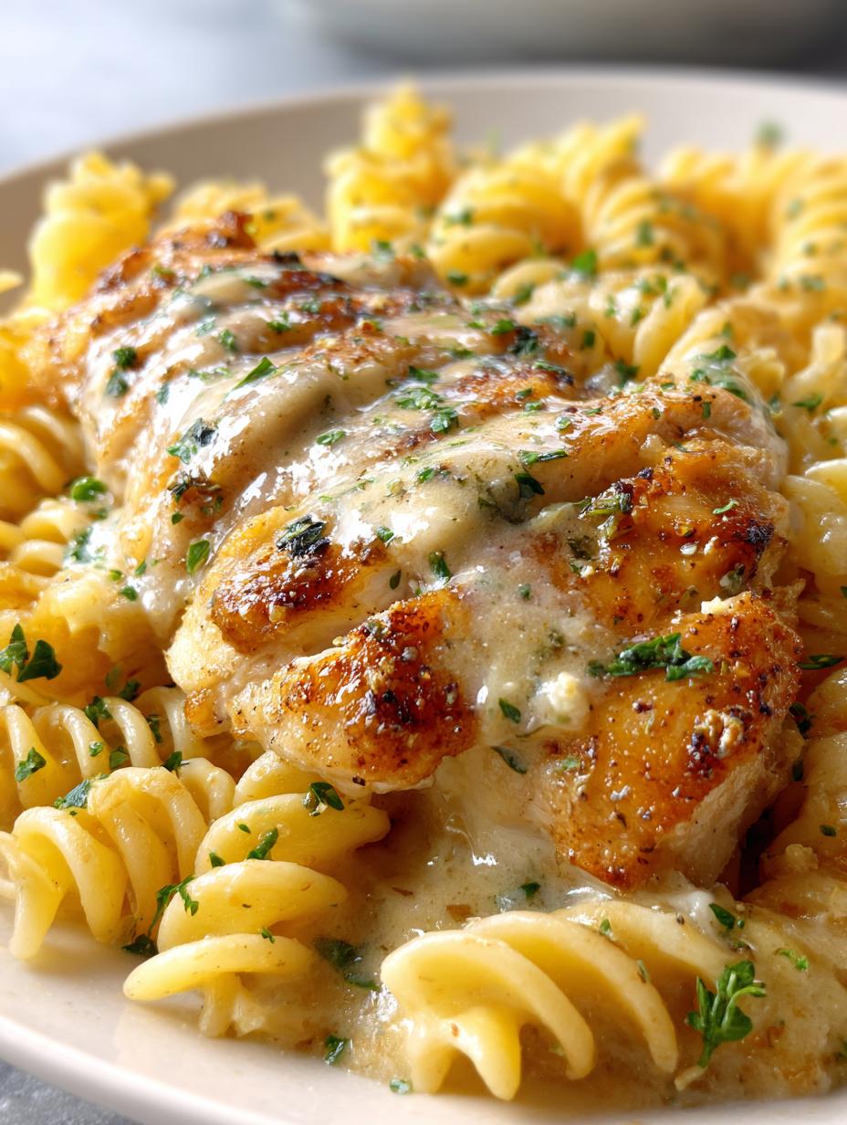 Creamy Garlic Parmesan Chicken with Cheesy Twisted Pasta