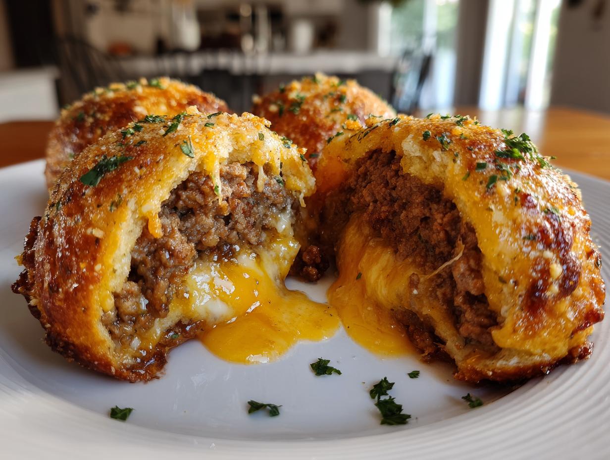 Irresistible Garlic Parmesan Cheeseburger Bombs golden crust party appetizer