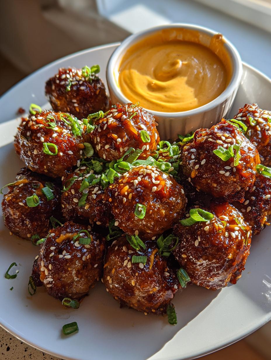 Irresistible Korean BBQ Meatballs with Spicy Mayo Dip glazed and ready to serve at a party