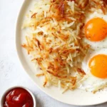 A basket of crispy frozen hash browns cooked in an air fryer, golden brown with crunchy edges, served on a rustic breakfast plate with avocado toast and fried eggs.