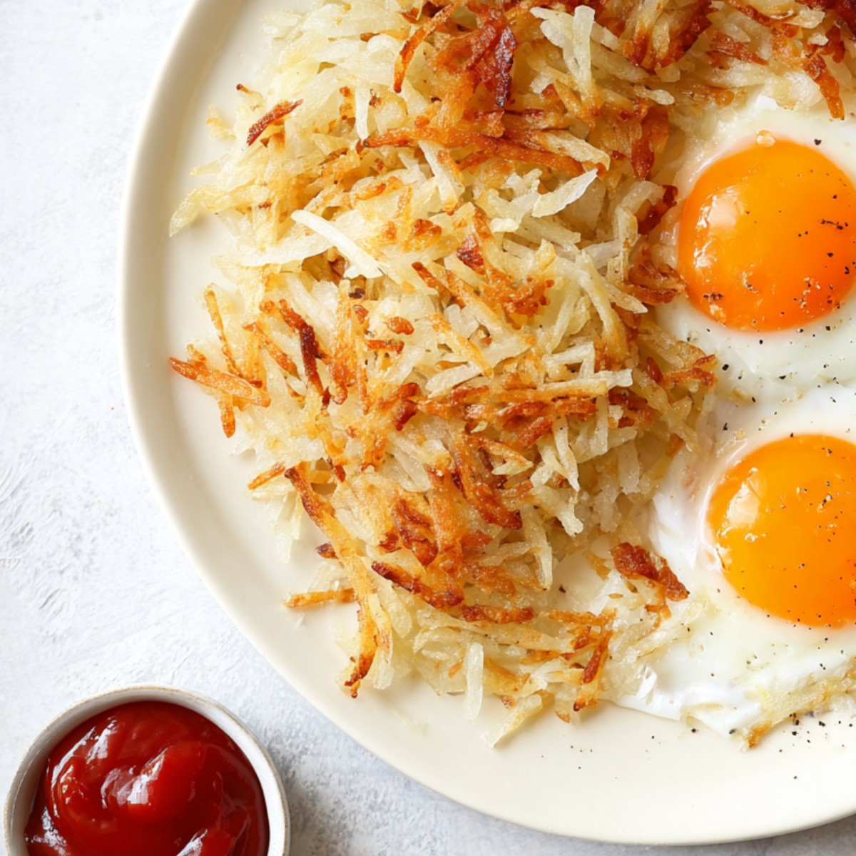 A basket of crispy frozen hash browns cooked in an air fryer, golden brown with crunchy edges, served on a rustic breakfast plate with avocado toast and fried eggs.