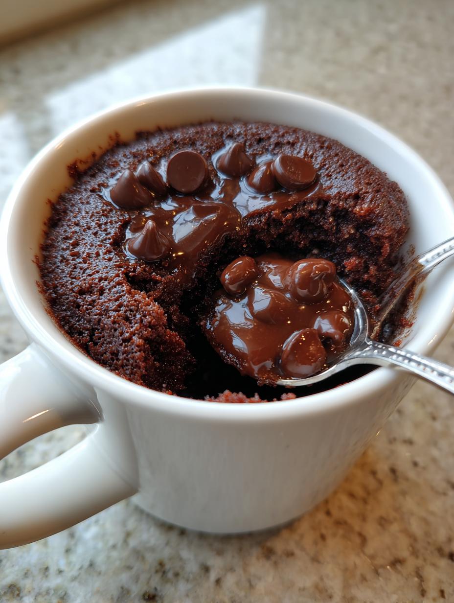 Irresistible Chocolate Mug Cake gooey and warm in a mug for dessert