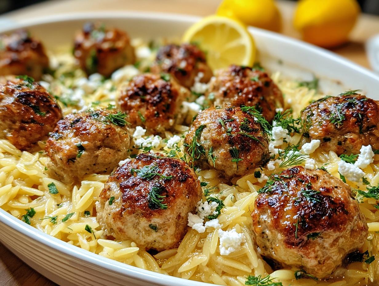 Greek Chicken Meatballs with Lemon Orzo
