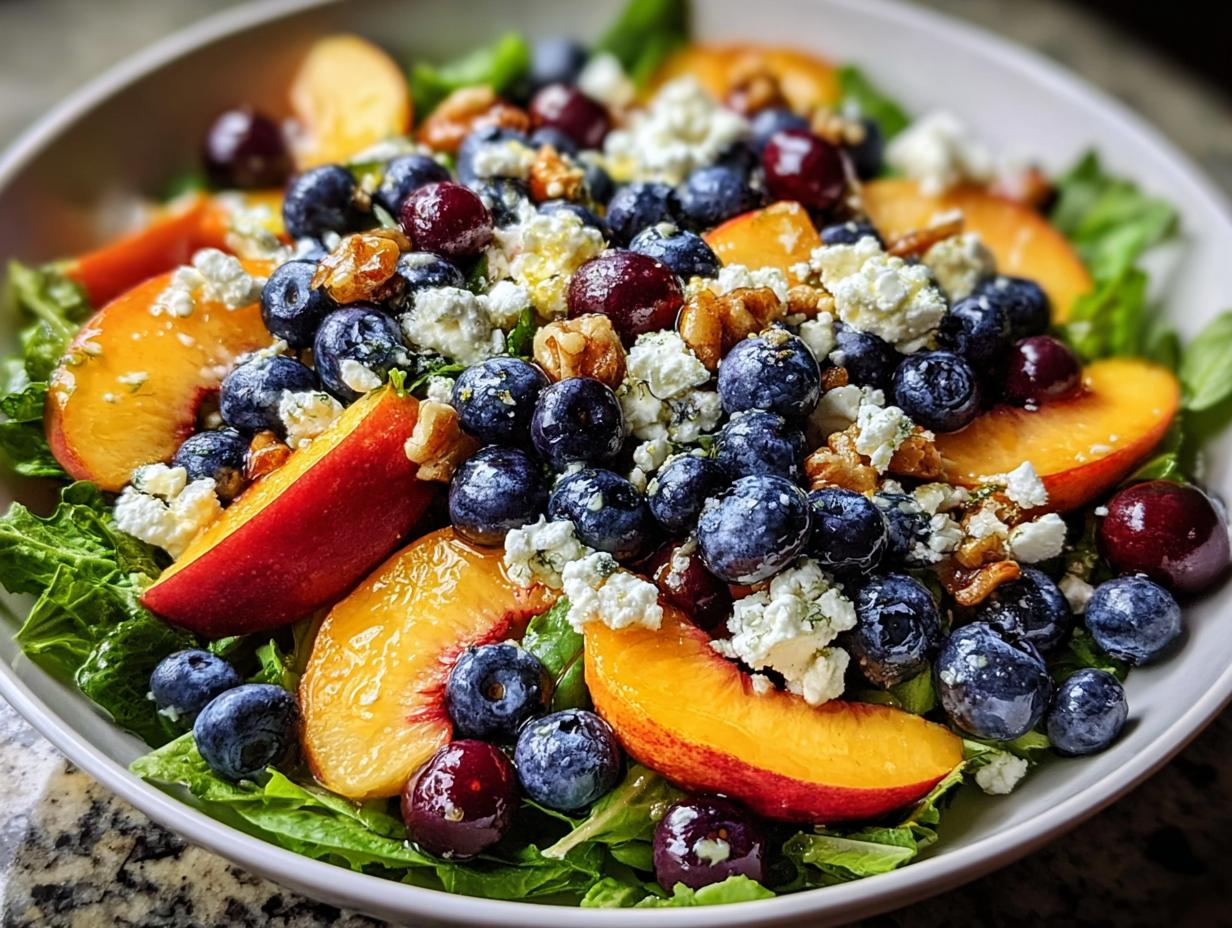 Blueberry Peach Feta Salad: 15 Min Magic 5 Close-up of Blueberry Peach Feta Salad ingredients being tossed
