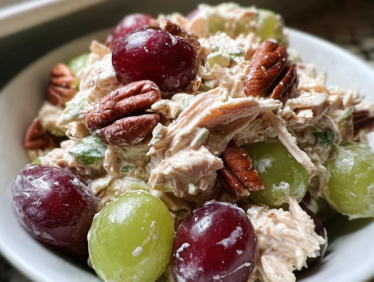 Chicken Salad with Grapes and Pecans: Amazing - Chicken Salad Grapes Pecans - close-up of creamy chicken salad with visible grapes and pecans