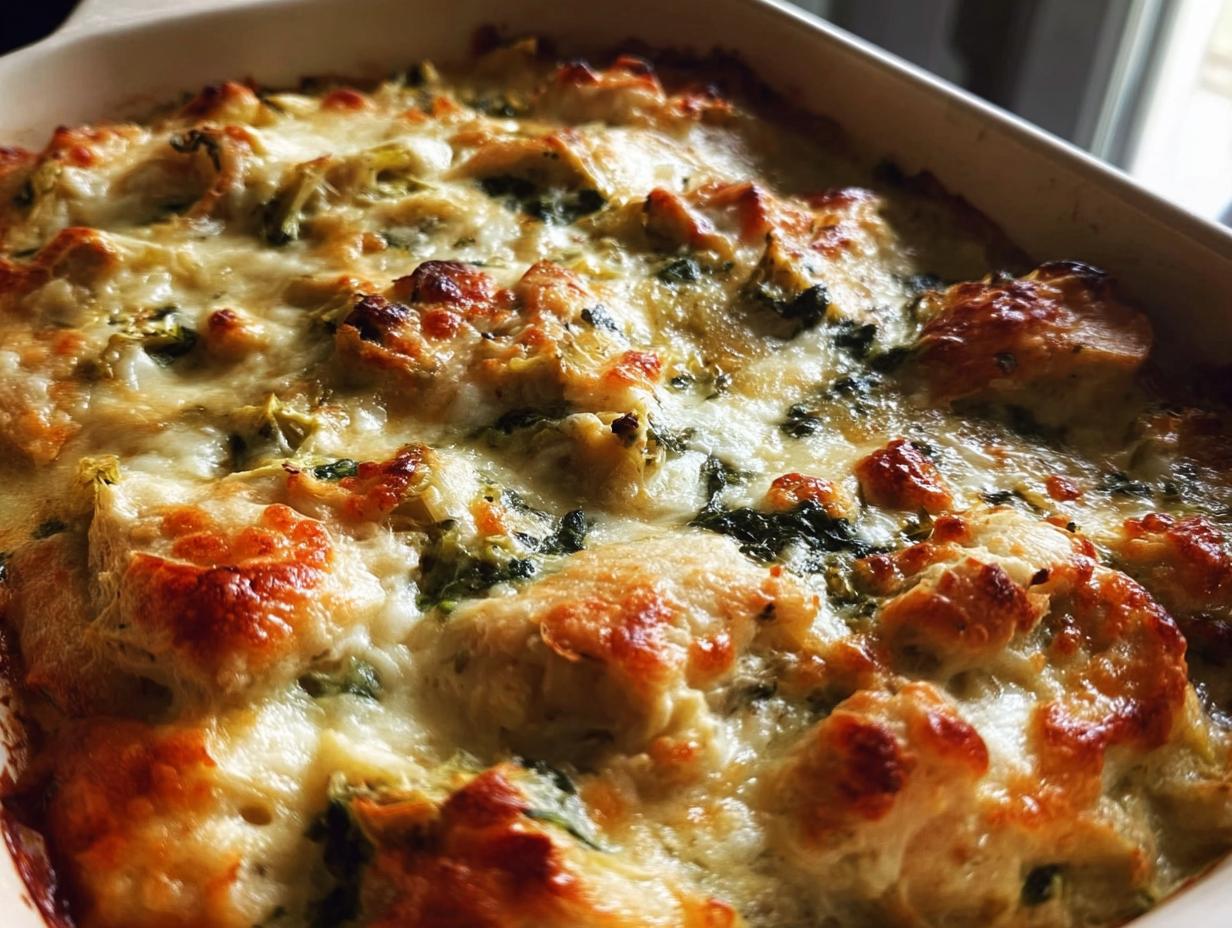Spinach Artichoke Chicken Casserole - creamy mixture with chicken and spinach