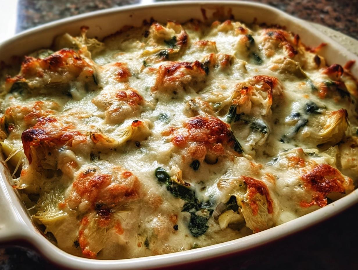 Spinach Artichoke Chicken Casserole - close up of cheesy topping