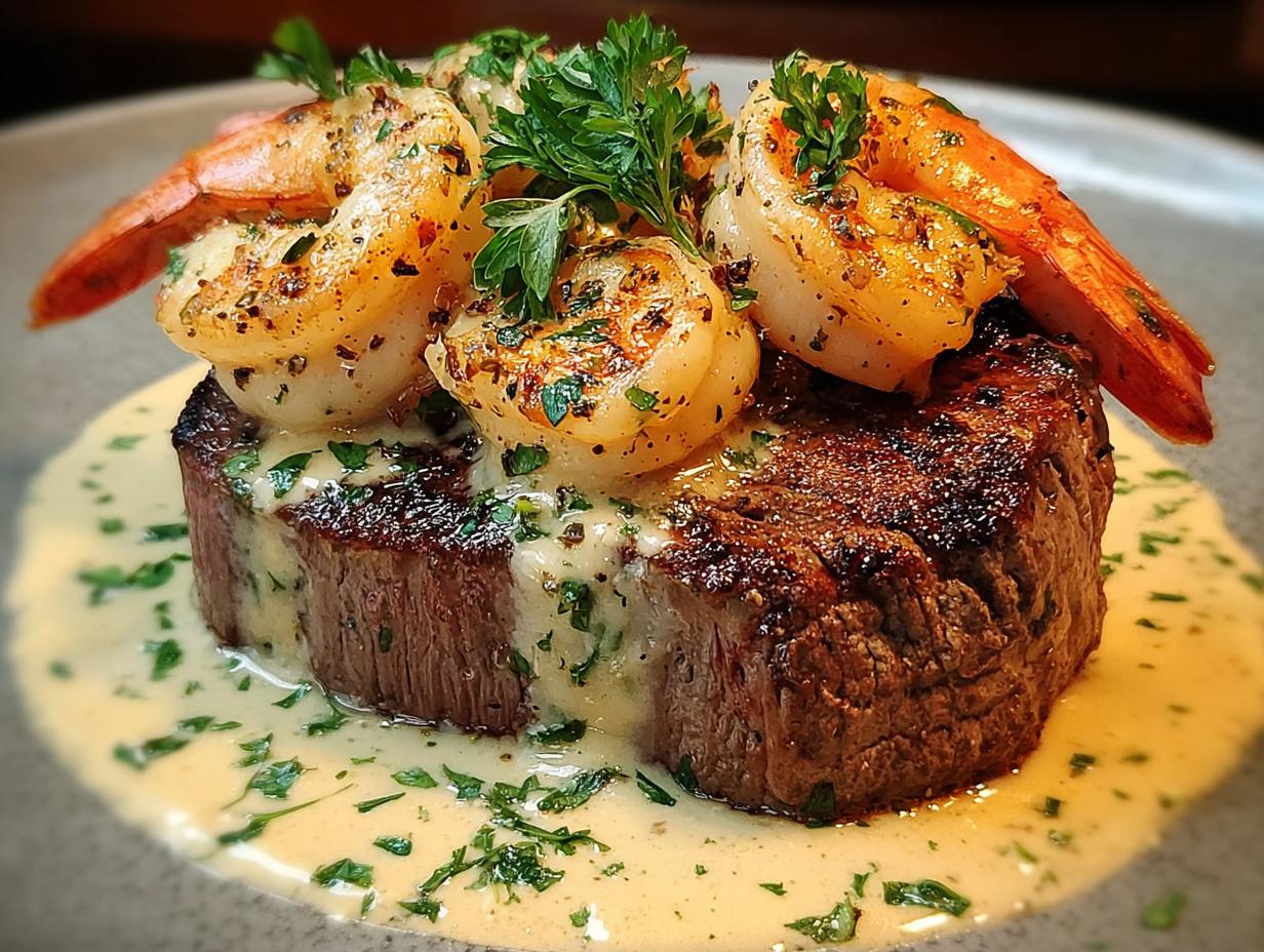 Surf Turf Creamy Garlic - perfectly seared steak and shrimp with creamy garlic sauce