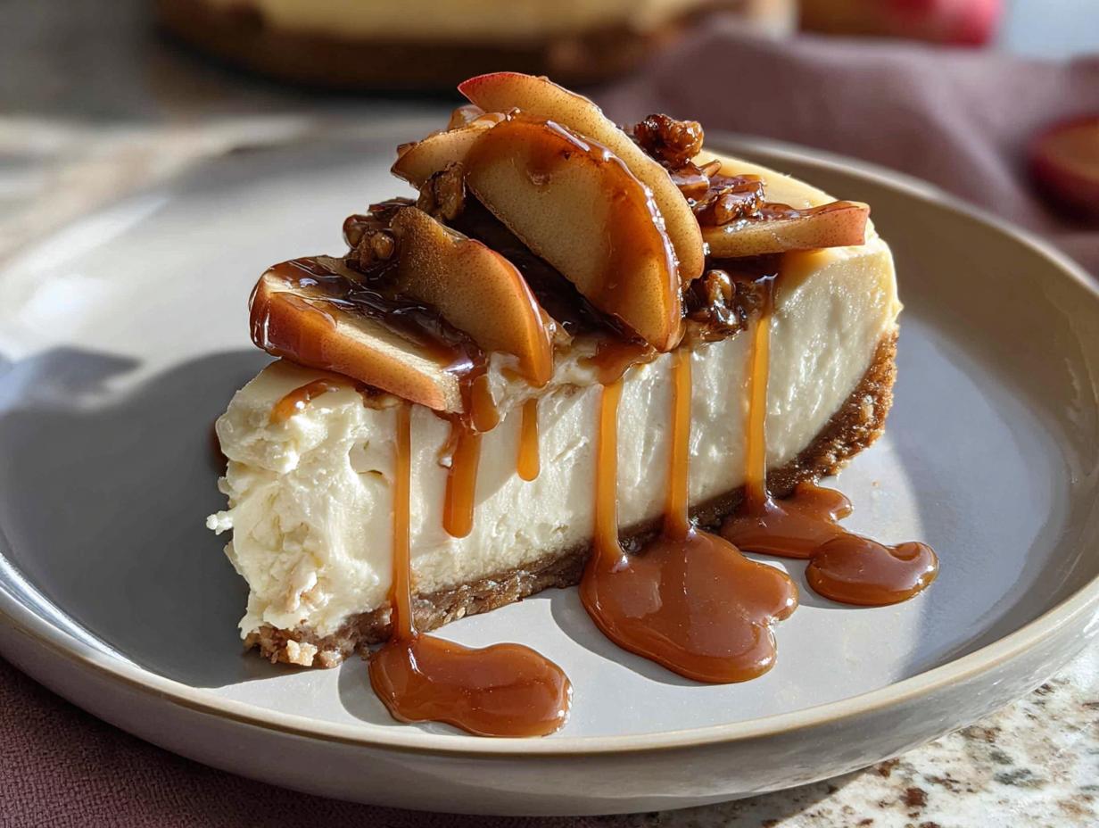 Caramel Apple Cheesecake: 1 Amazing Recipe - Caramel Apple Cheesecake - close-up of a slice showing creamy texture and caramel drizzle