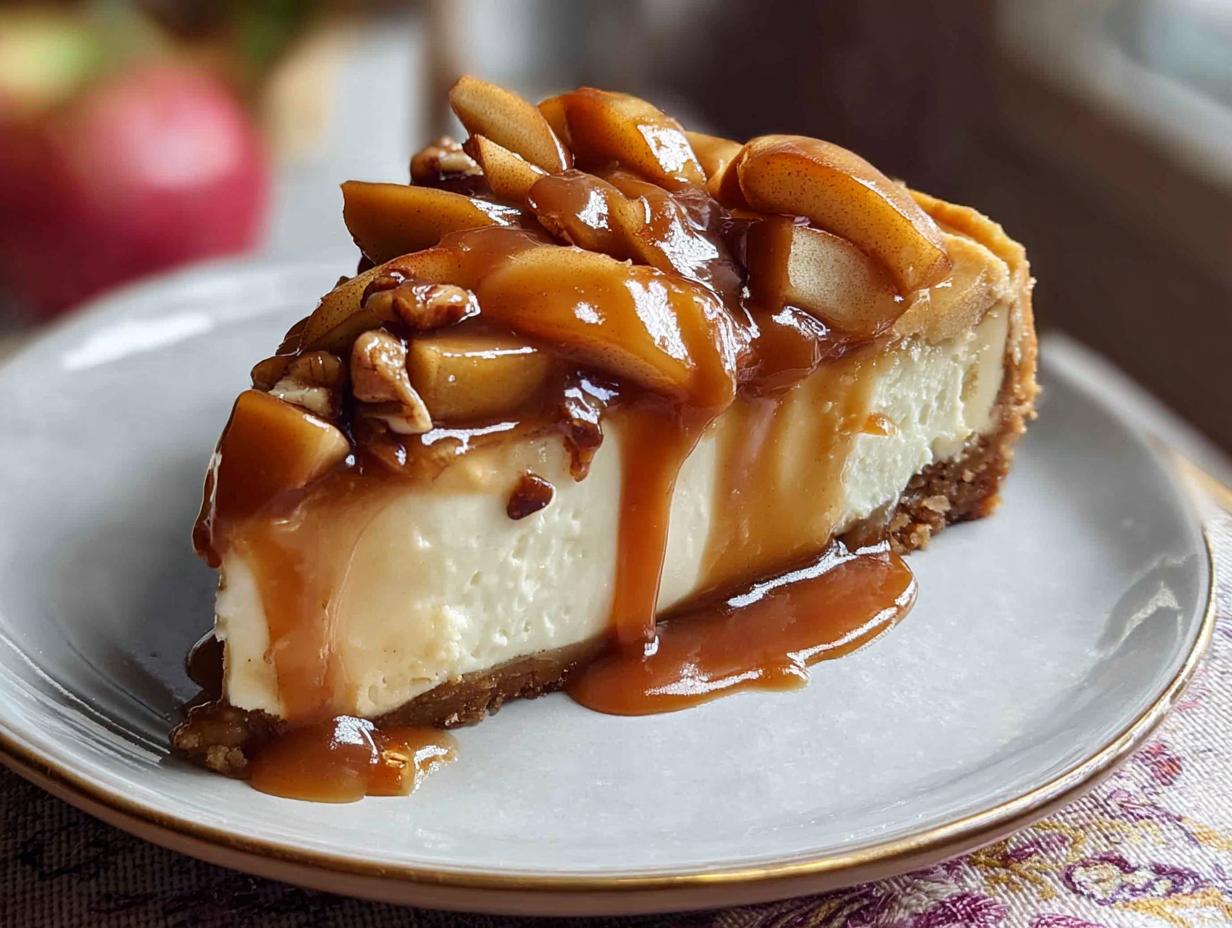 Caramel Apple Cheesecake: 1 Amazing Recipe - Caramel Apple Cheesecake - overhead view of the whole cheesecake with caramel drizzle and apples