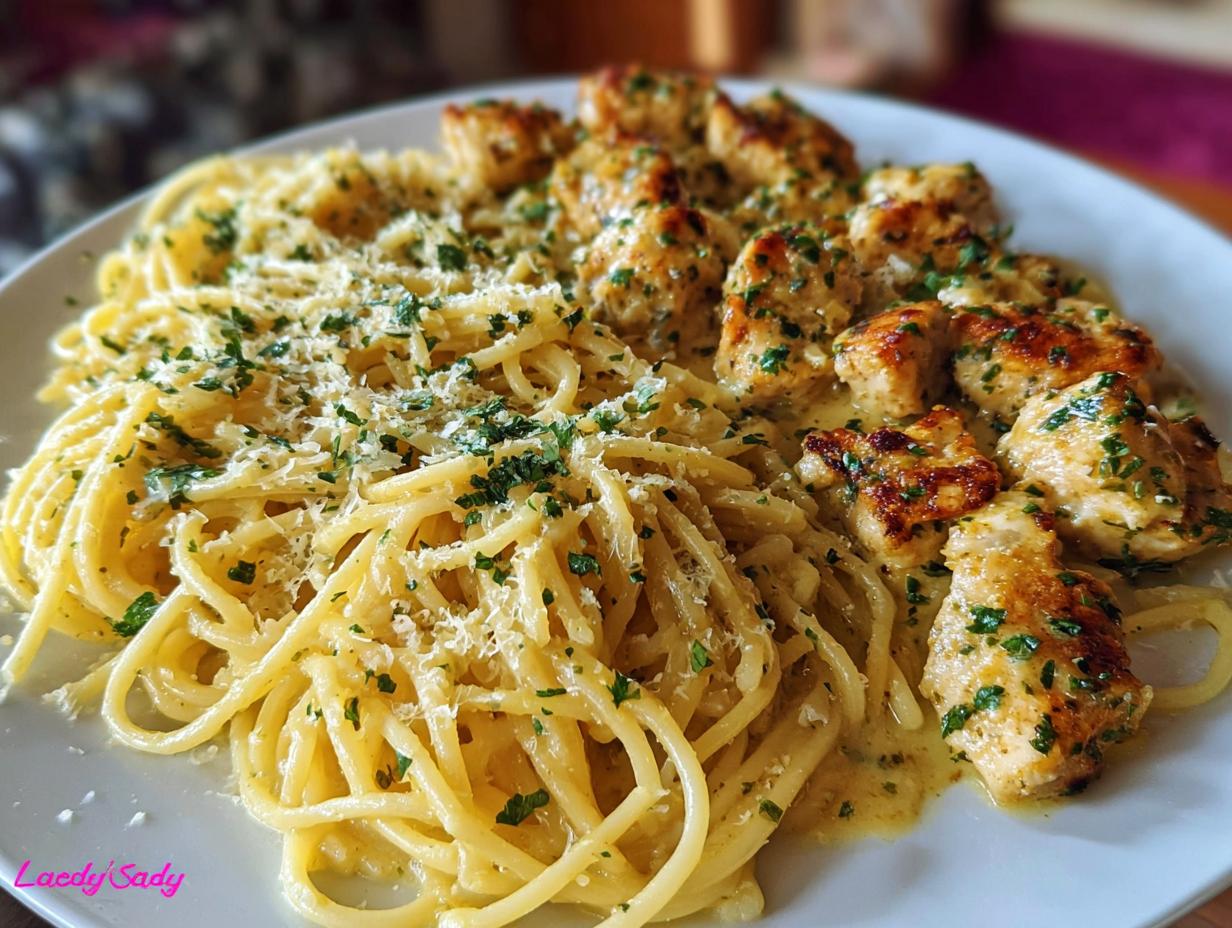 Creamy Garlic Parmesan Chicken - tender chicken pieces coated in a rich, cheesy sauce