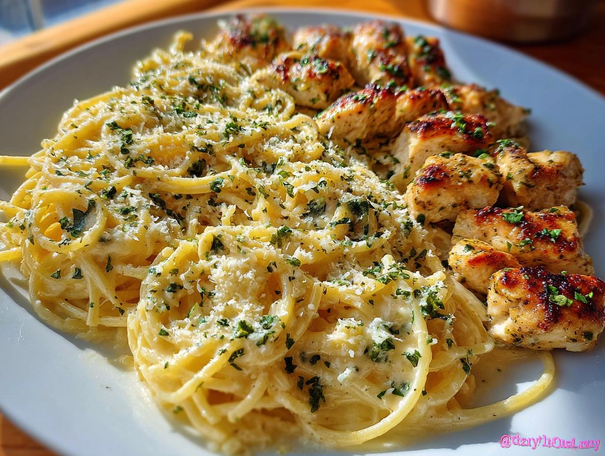 Creamy Garlic Parmesan Chicken - close-up of the creamy sauce coating the pasta and chicken