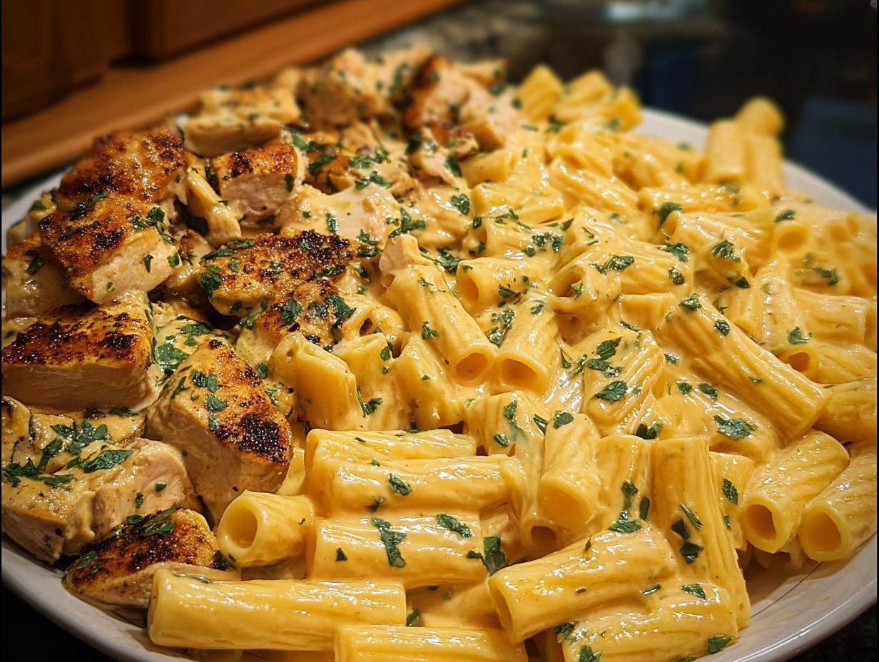 Amazing Velveeta Chicken Rigatoni Dinner - Creamy Velveeta Chicken Rigatoni - close-up of cheesy pasta