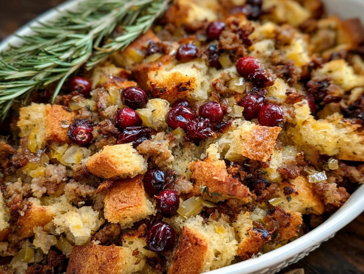 Favorite Sausage Cranberry Stuffing: 1 Easy Recipe 5 Favorite Sausage Cranberry Stuffing: 1 Easy Recipe - Sausage Cranberry Stuffing - baked and ready to serve