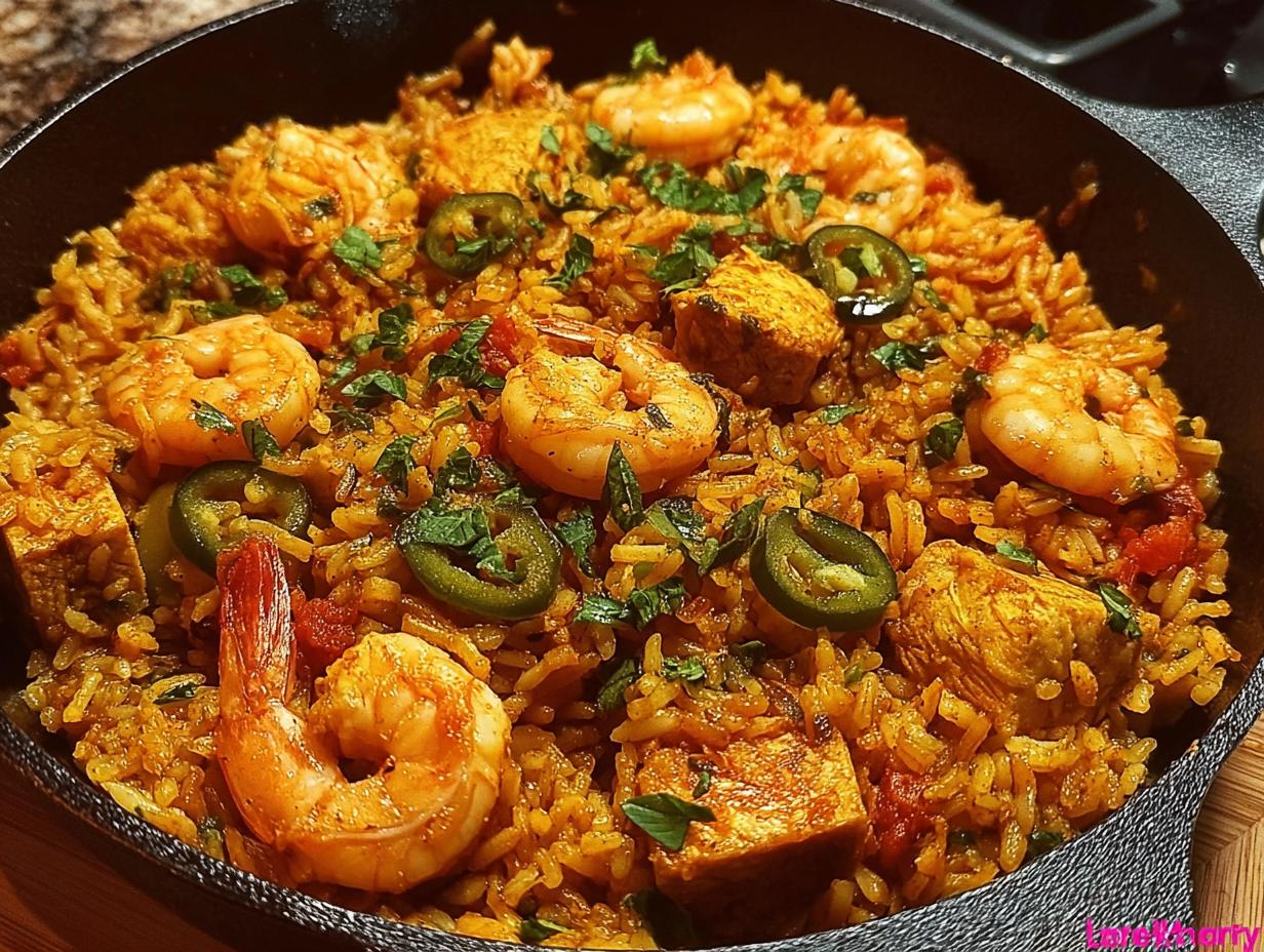 Bold Spicy Chicken Shrimp Jambalaya: 1 Amazing Dish 5 Spicy Chicken Shrimp Jambalaya being served in a bowl