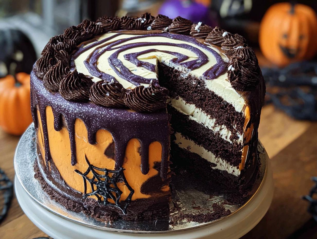 Spooky Swirl Cake: Terrific 15-Min Prep - Spooky Swirl Cake - finished cake with colorful glaze