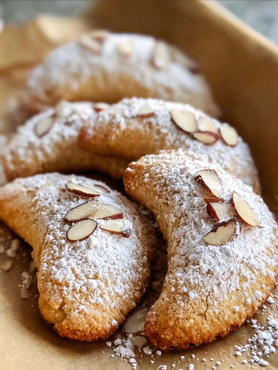 Delicious Almond Crescent Cookies dusted with powdered sugar on a cooling rack, ready to be enjoyed as a holiday treat.