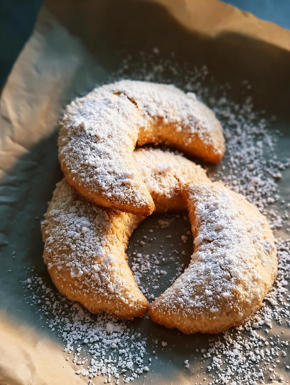 A close-up of a plate of freshly baked Almond Crescent Cookies, generously coated in powdered sugar, highlighting their delicate texture.