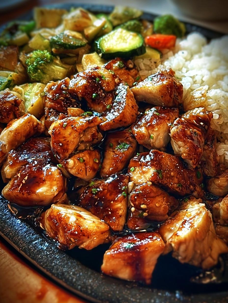 Close-up of Blackstone Hibachi Chicken Dinner with chicken, zucchini, and onions sizzling on the griddle