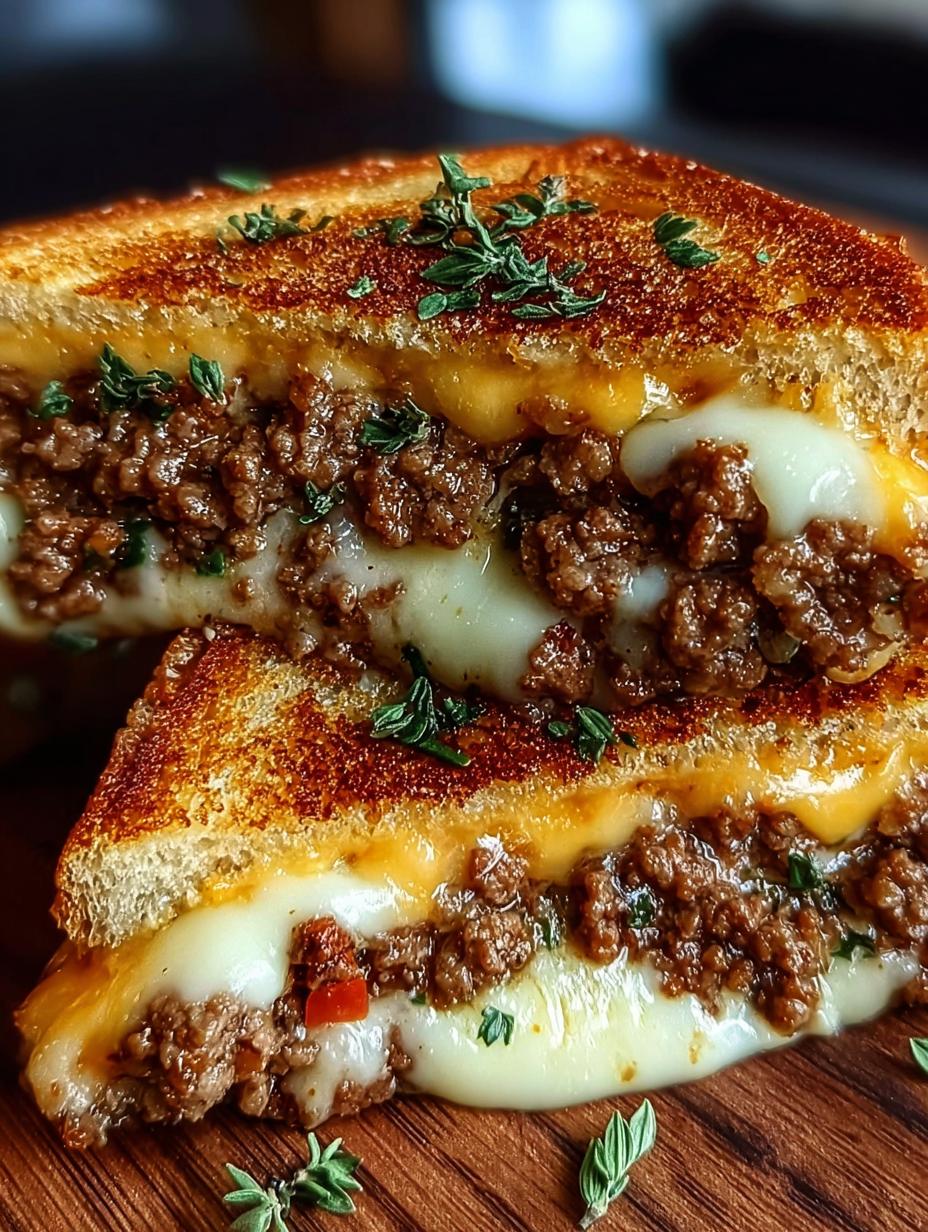 Delicious Cheesy Ground Beef Melt sliced in half, revealing melted cheddar and mozzarella cheese with seasoned ground beef, ready to eat
