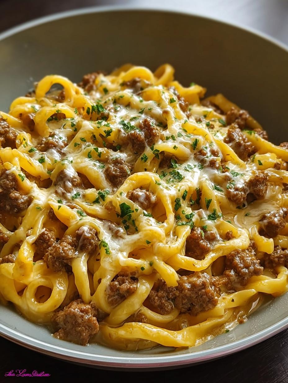 Close-up of Creamy One Pot Beef with rich sauce and tender pasta, garnished with fresh parsley