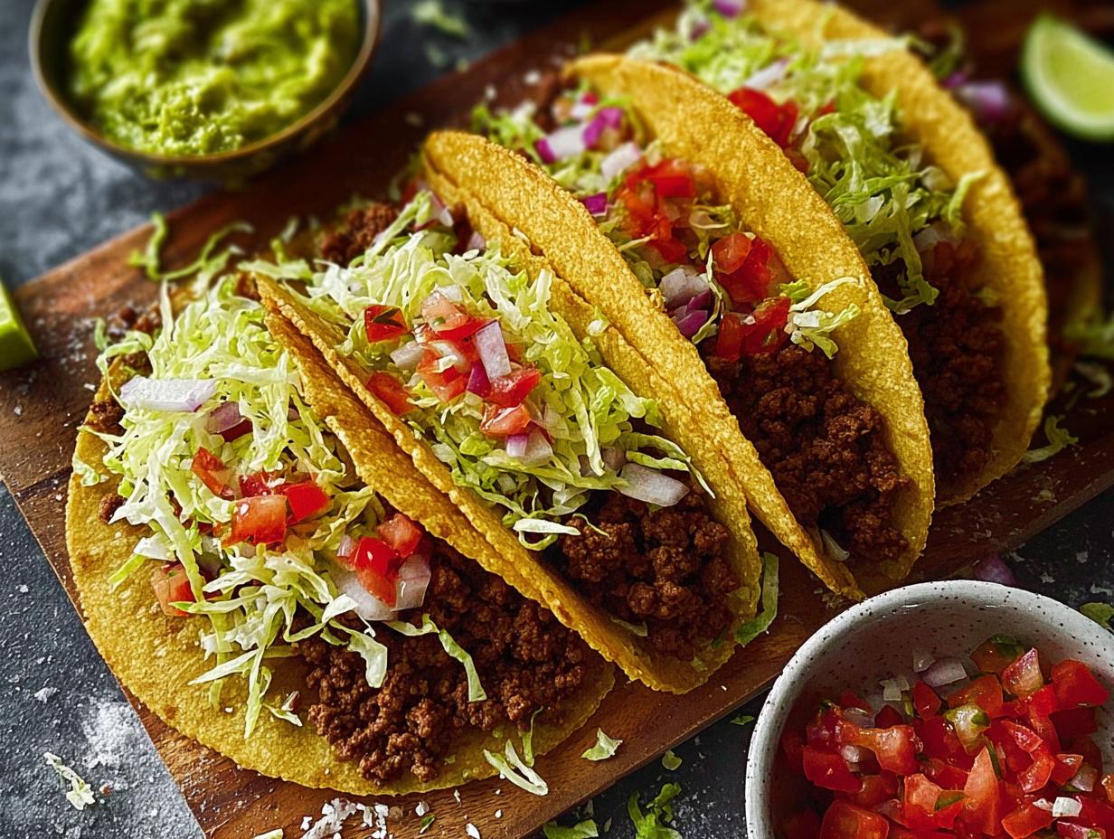 Ground Beef Tacos: Amazing 7-Ingredient Recipe - Assembled Ground Beef Tacos with toppings