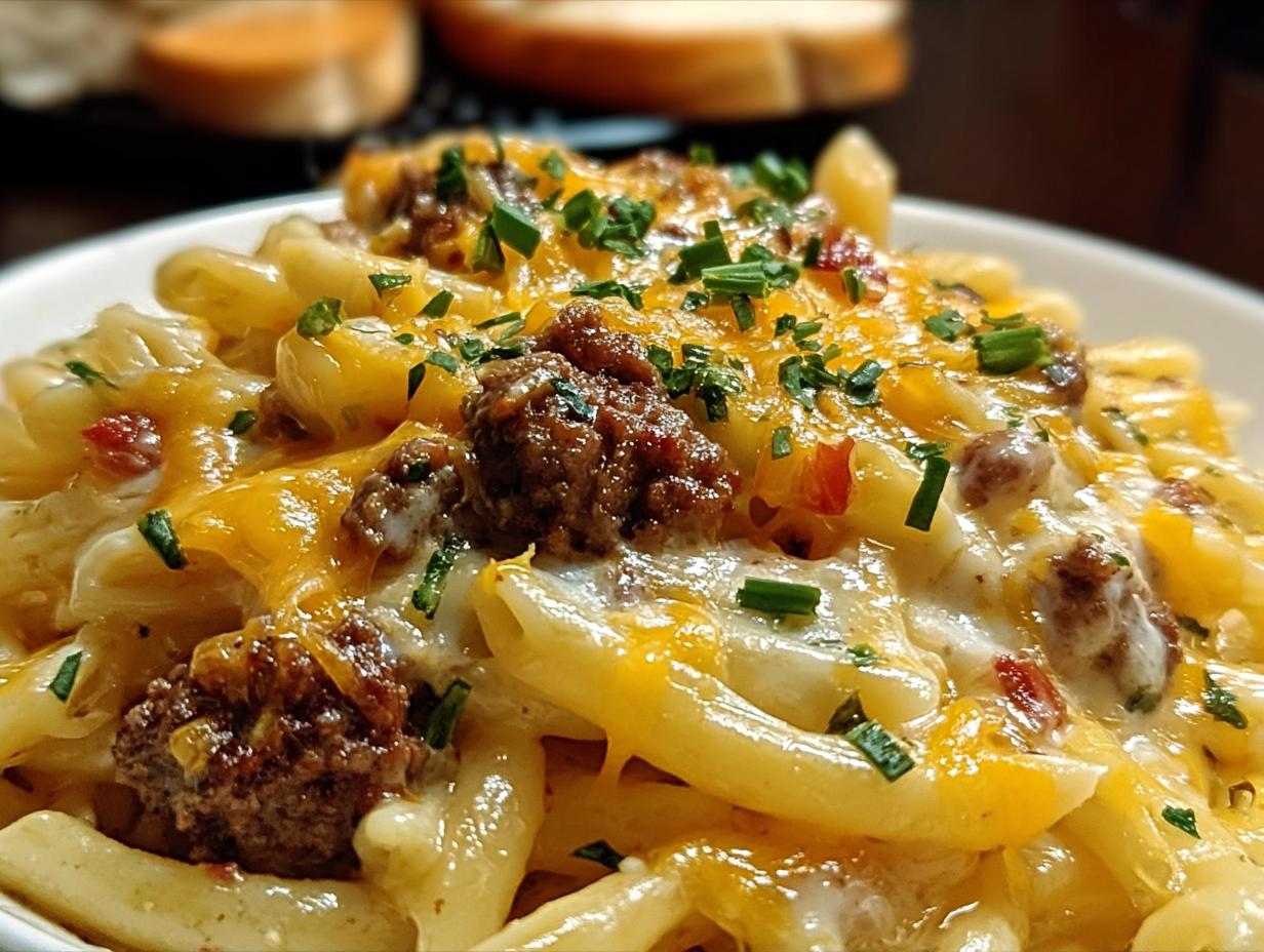 Loaded Cheeseburger Alfredo Pasta: 1 Amazing Recipe - Step-by-step preparation of Loaded Cheeseburger Alfredo Pasta