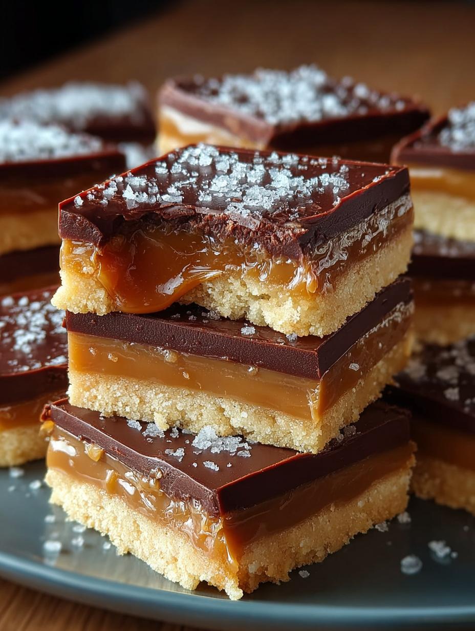 Close-up of Millionaire Shortbread Caramel Chocolate layers with caramel and chocolate