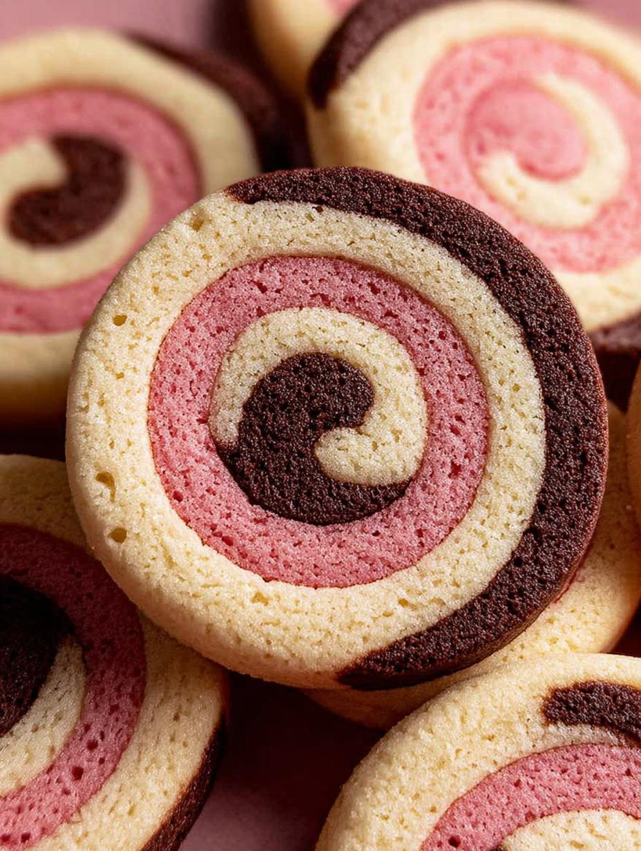 Neapolitan Swirl Cookies: 1 Awesome, Joyful Bite 4 Delicious Neapolitan Swirl Cookies arranged on a white plate, showcasing their vibrant chocolate, vanilla, and strawberry layers, ready for a joyful bite.