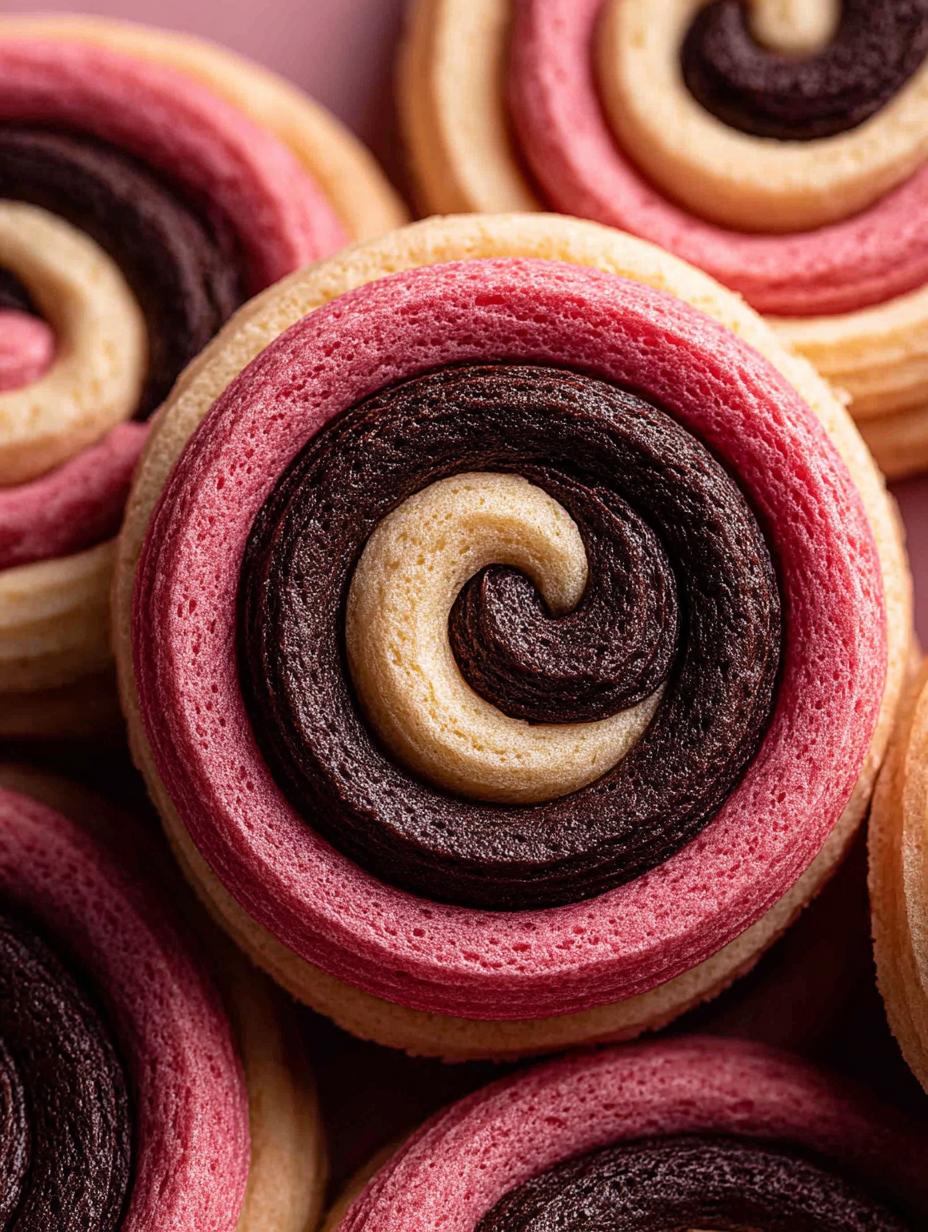 Neapolitan Swirl Cookies: 1 Awesome, Joyful Bite 5 A close-up of several freshly baked Neapolitan Swirl Cookies on a cooling rack, highlighting their perfect golden edges and distinct tri-color swirl pattern.