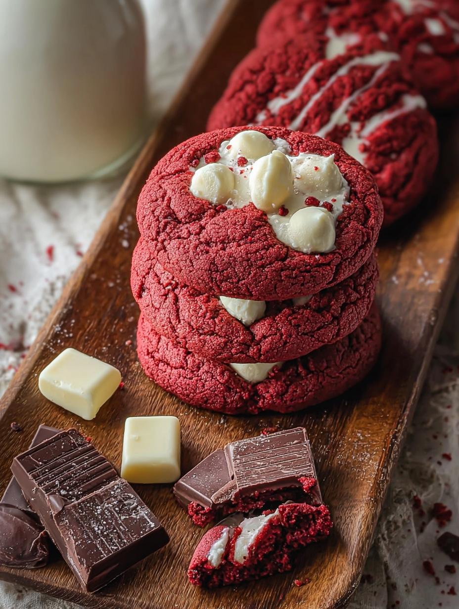 Red Velvet Cake Mix Cookies: An Easy 10-Minute Joy 5 Close-up of freshly baked Red Velvet Cake Mix Cookies with white chocolate chips, showing their soft centers