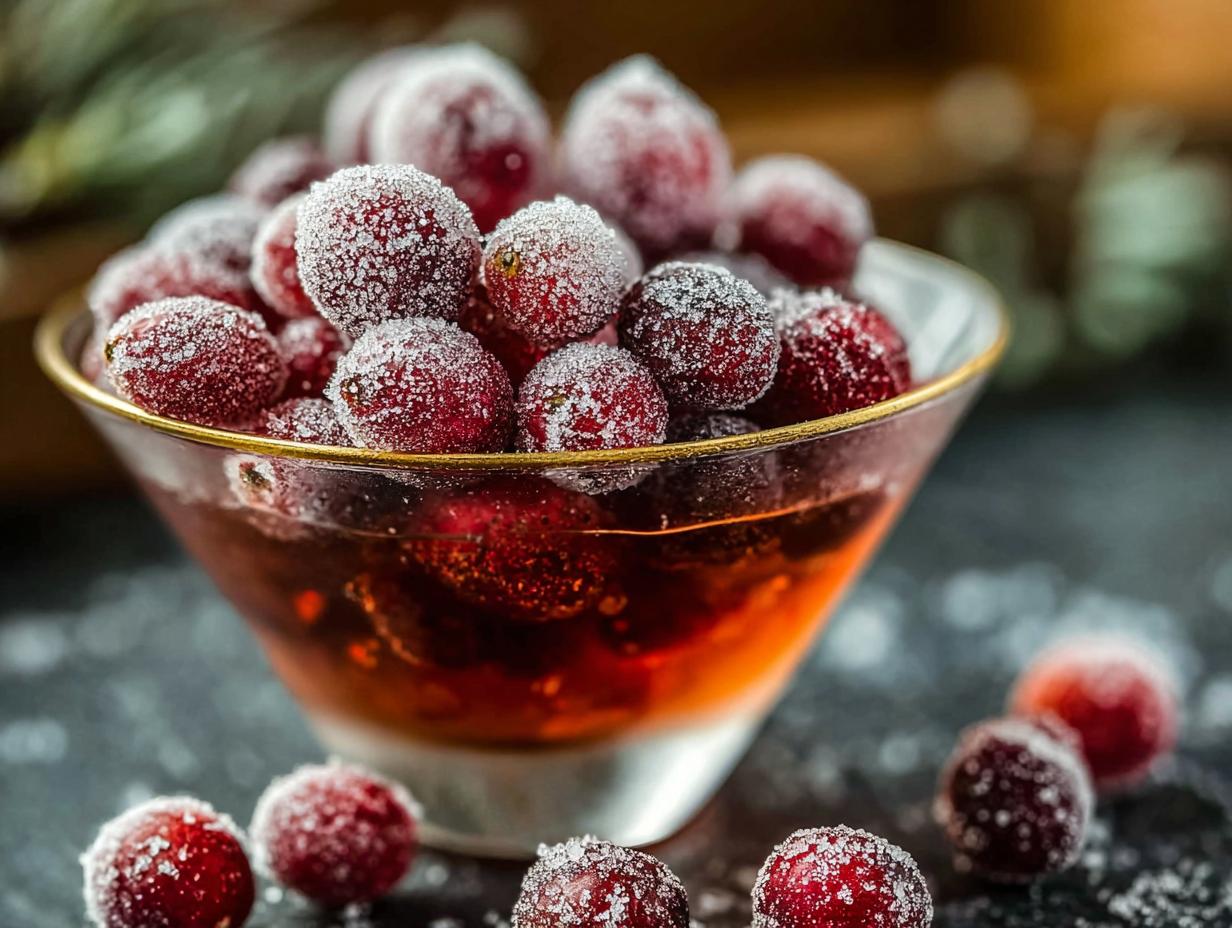 Sugared Cranberries being dipped in sugar syrup