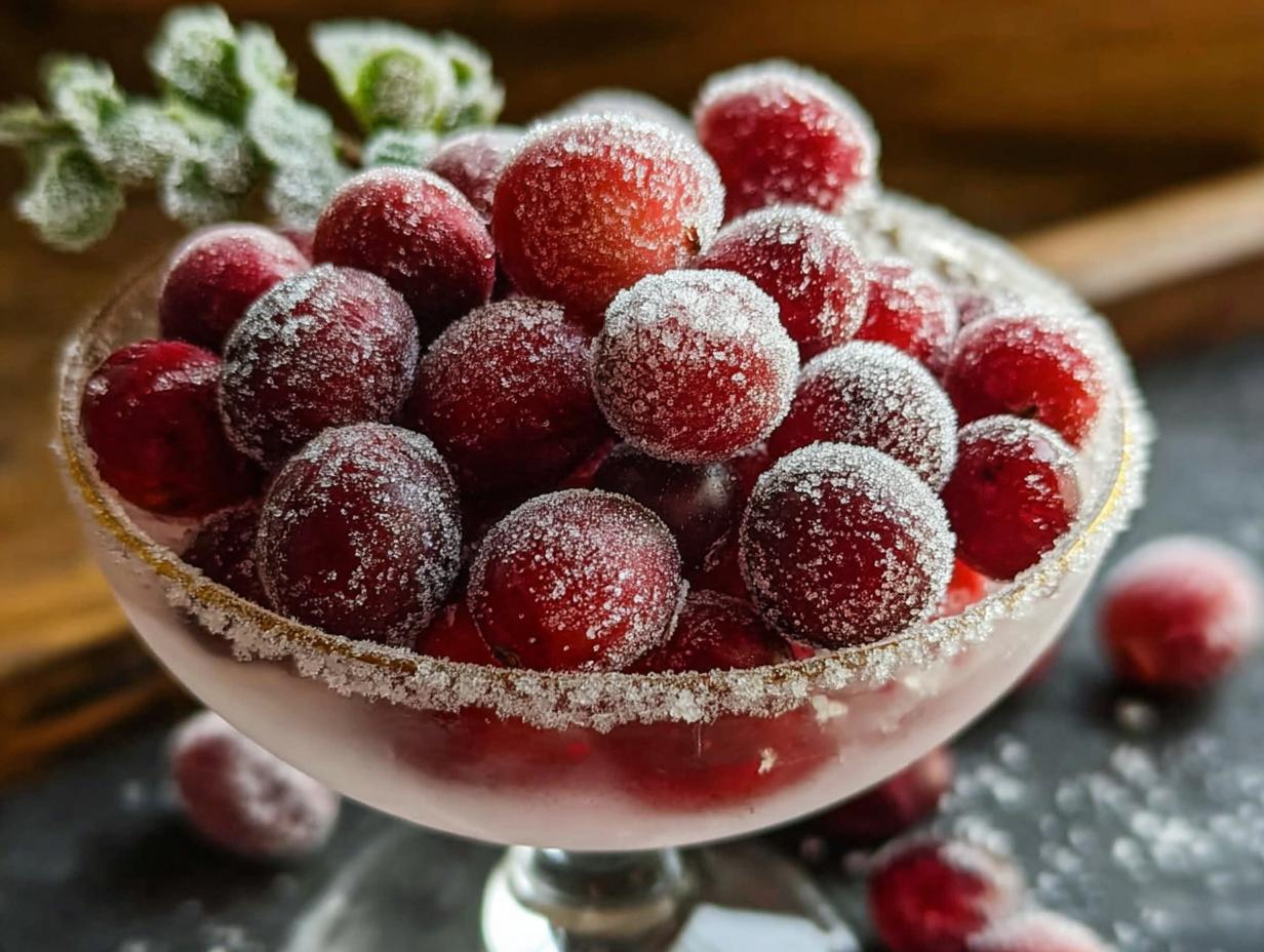 Close-up of sugared cranberries sparkling