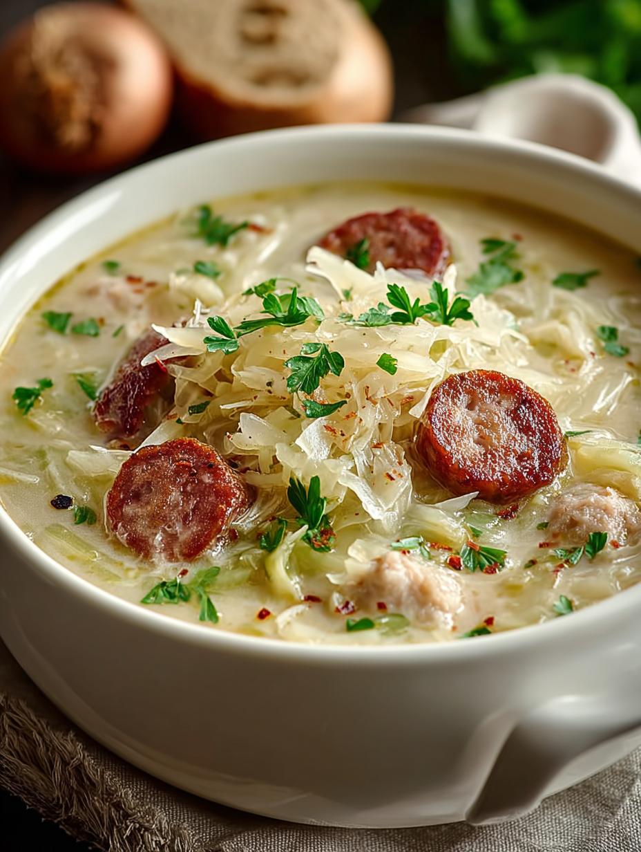 Creamy Sauerkraut Sausage Soup for Comforting Cozy Nights - Creamy Sauerkraut Sausage Soup - main visual representation